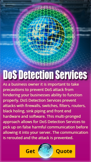DoS Detection Services prevent attacks with firewalls, switches, filters, routers, black holing, sink piping and front end hardware and software. Click Here to Get Connected.
